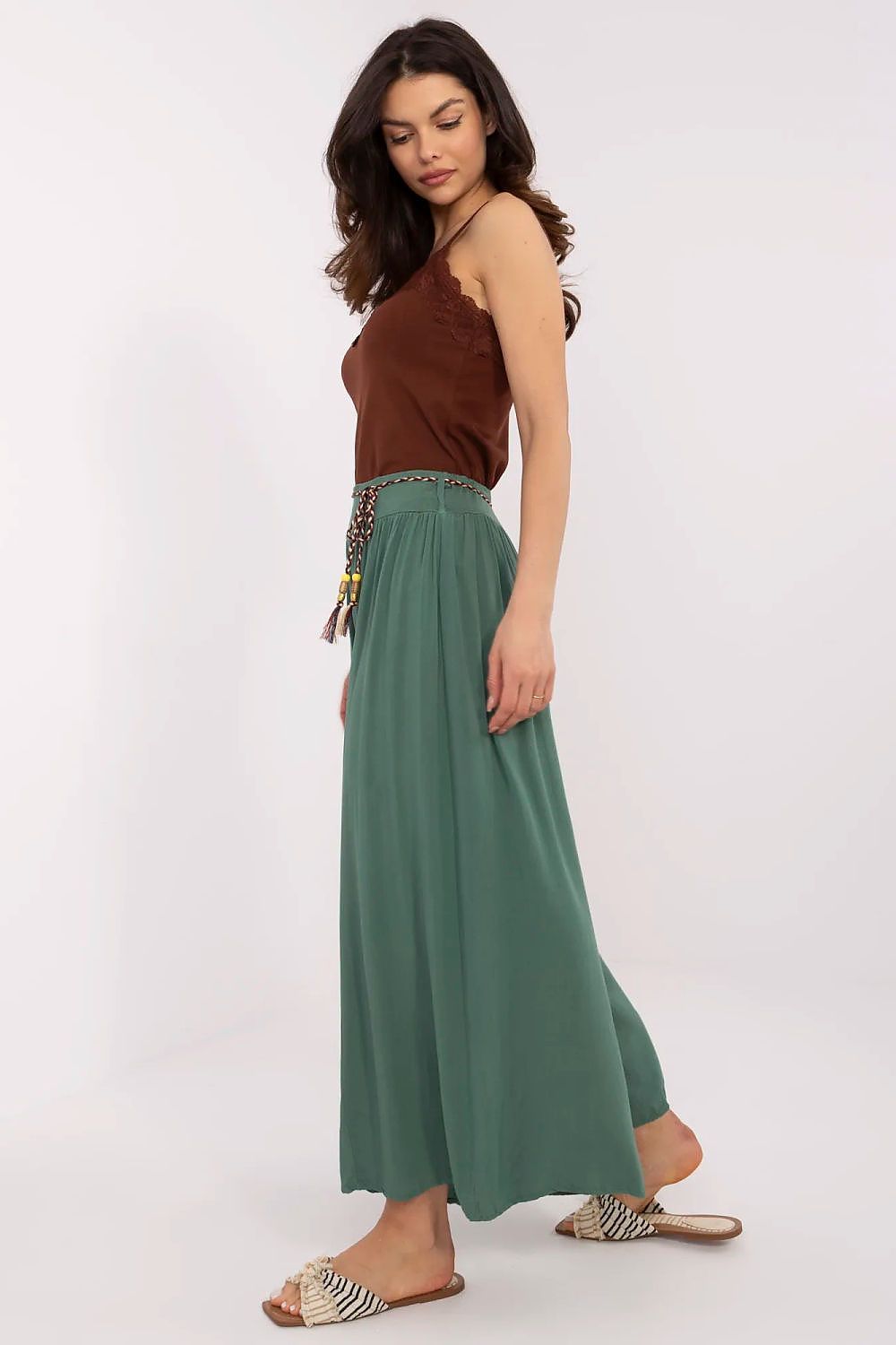 Women's High Waist Wide Leg Viscose Trousers - Elastic Waist with Tie Belt