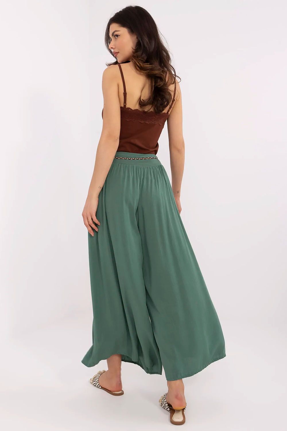 Women's High Waist Wide Leg Viscose Trousers - Elastic Waist with Tie Belt