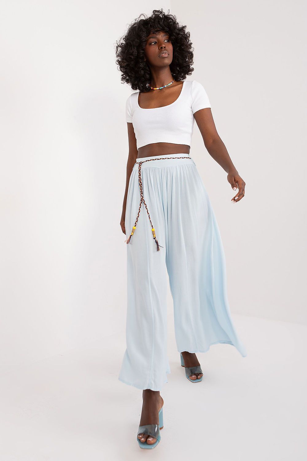 Women's High Waist Wide Leg Viscose Trousers - Elastic Waist with Tie Belt