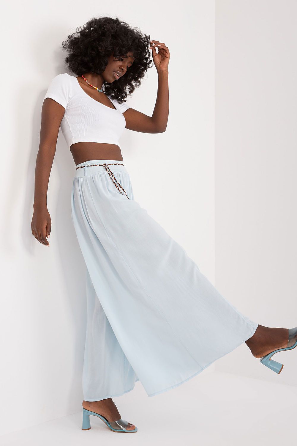 Women's High Waist Wide Leg Viscose Trousers - Elastic Waist with Tie Belt