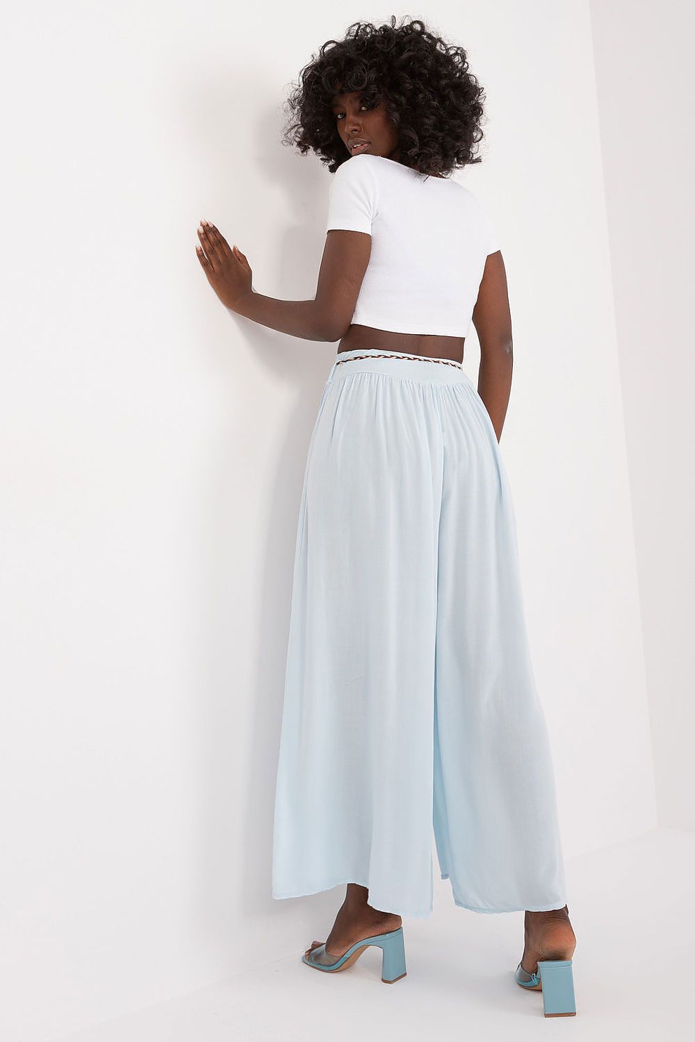 Women's High Waist Wide Leg Viscose Trousers - Elastic Waist with Tie Belt