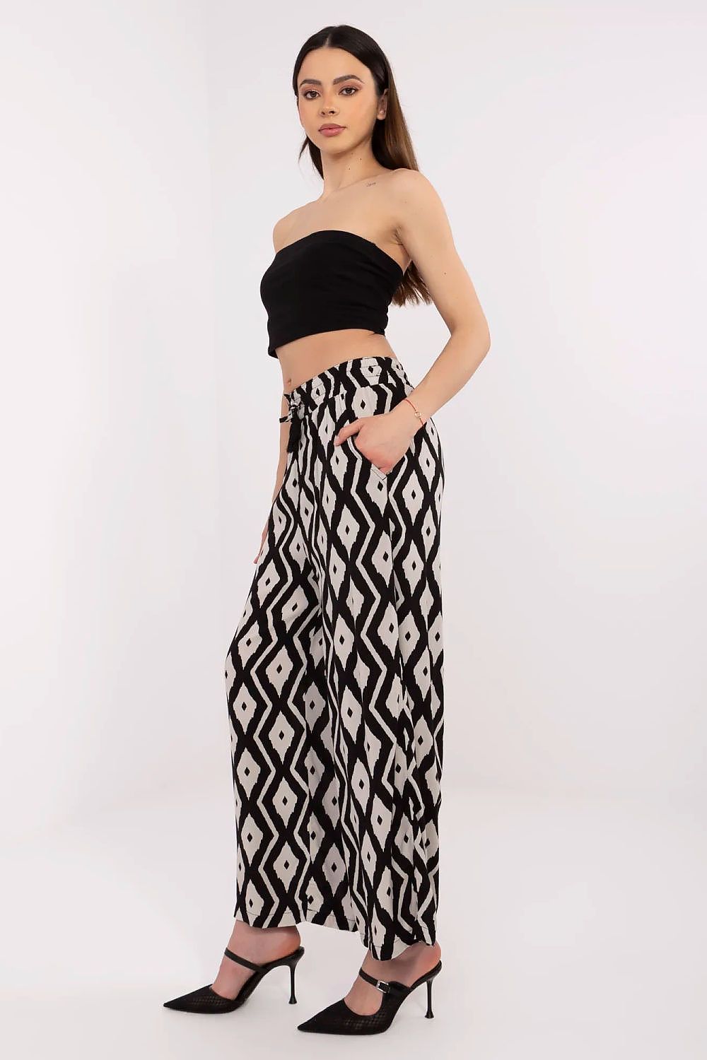 Women's Viscose High Waist Wide Leg Trousers - Printed Casual Pants