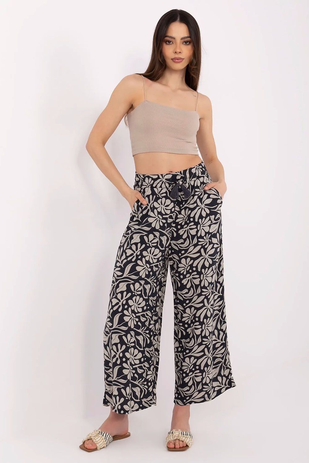 Women's Viscose High Waist Wide Leg Trousers - Printed Casual Pants