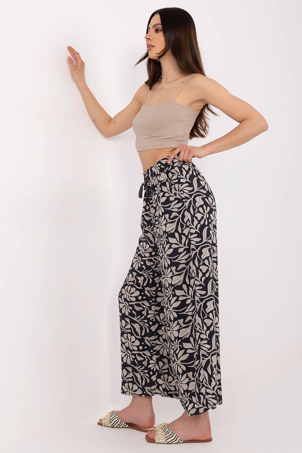 Women's Viscose High Waist Wide Leg Trousers - Printed Casual Pants