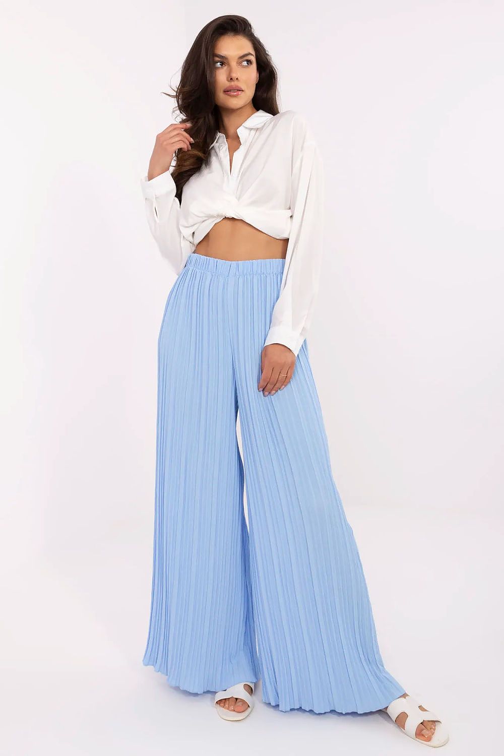 Women's High Waist Wide Leg Polyester Trousers - Structured Fabric Pants