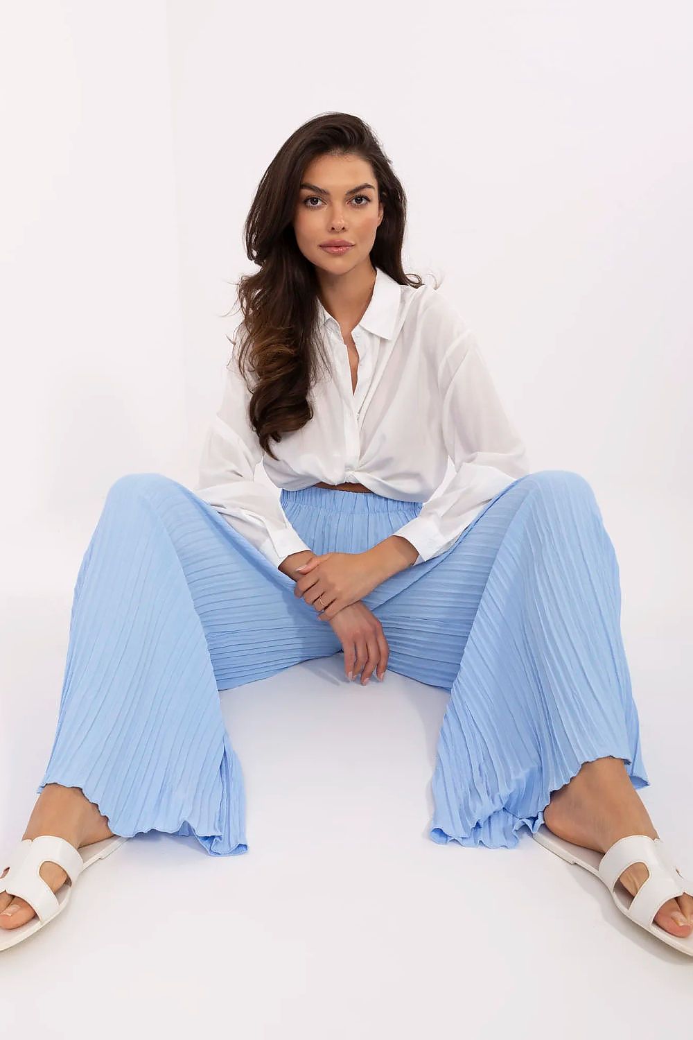 Women's High Waist Wide Leg Polyester Trousers - Structured Fabric Pants