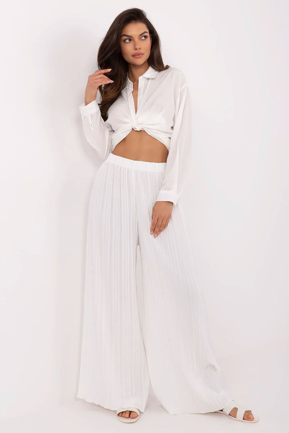 Women's High Waist Wide Leg Polyester Trousers - Structured Fabric Pants