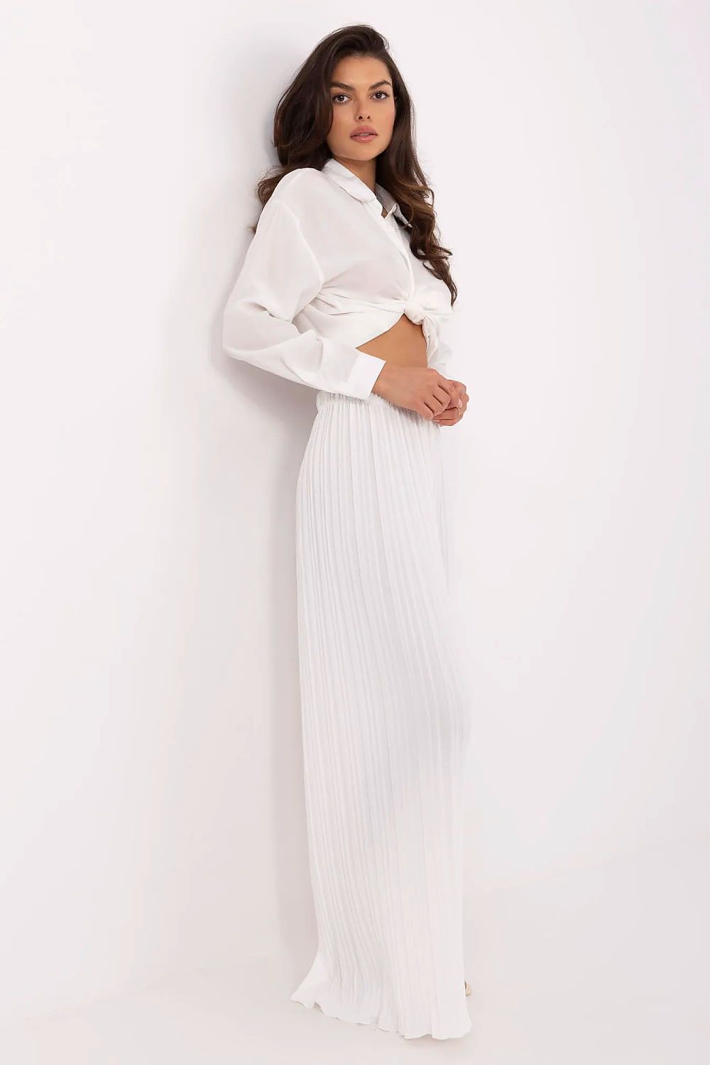 Women's High Waist Wide Leg Polyester Trousers - Structured Fabric Pants