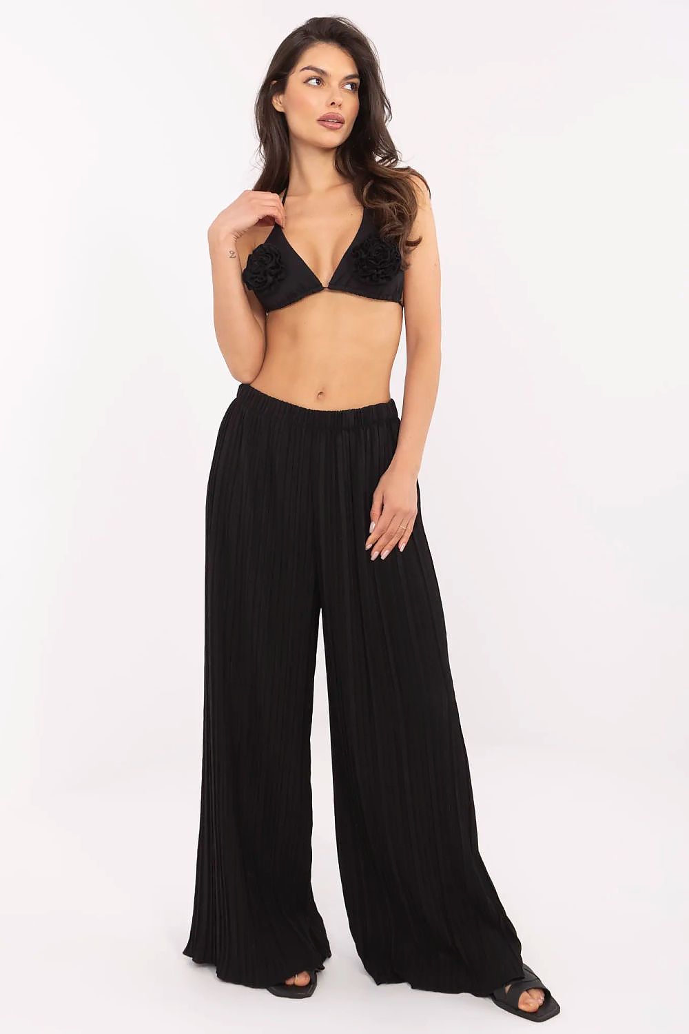 Women's High Waist Wide Leg Polyester Trousers - Structured Fabric Pants