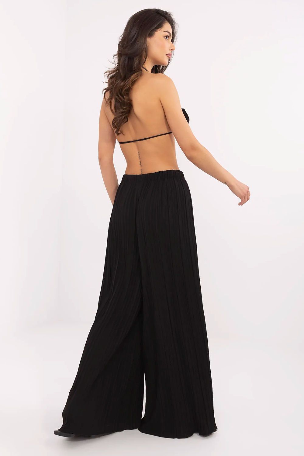 Women's High Waist Wide Leg Polyester Trousers - Structured Fabric Pants
