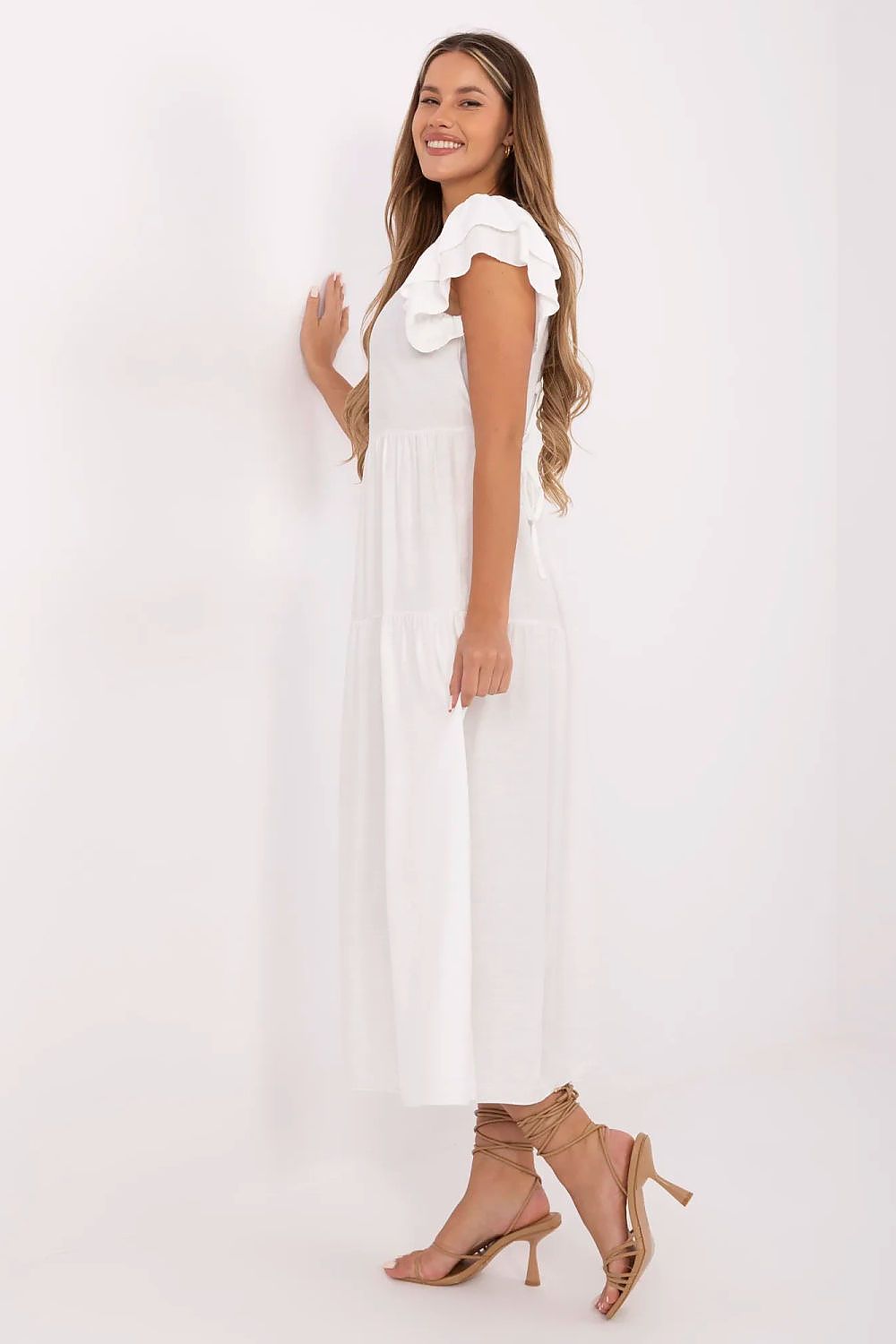 Summer Midi Dress Flared Cut Flutter Sleeves V-Neck Back Buttons Waist Tie