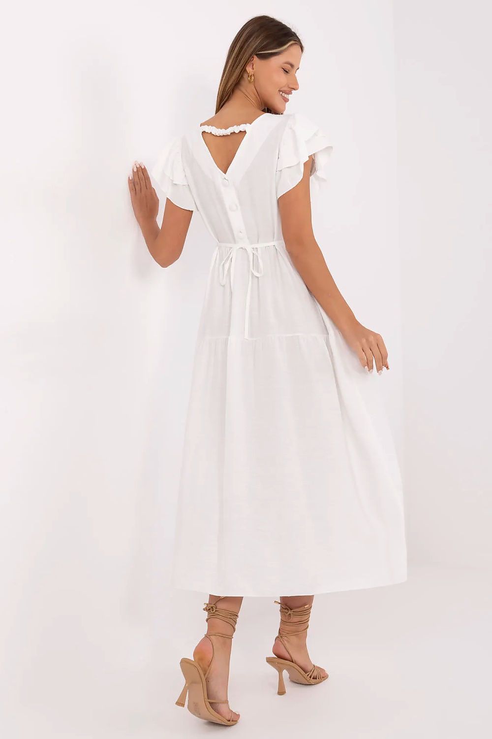 Summer Midi Dress Flared Cut Flutter Sleeves V-Neck Back Buttons Waist Tie