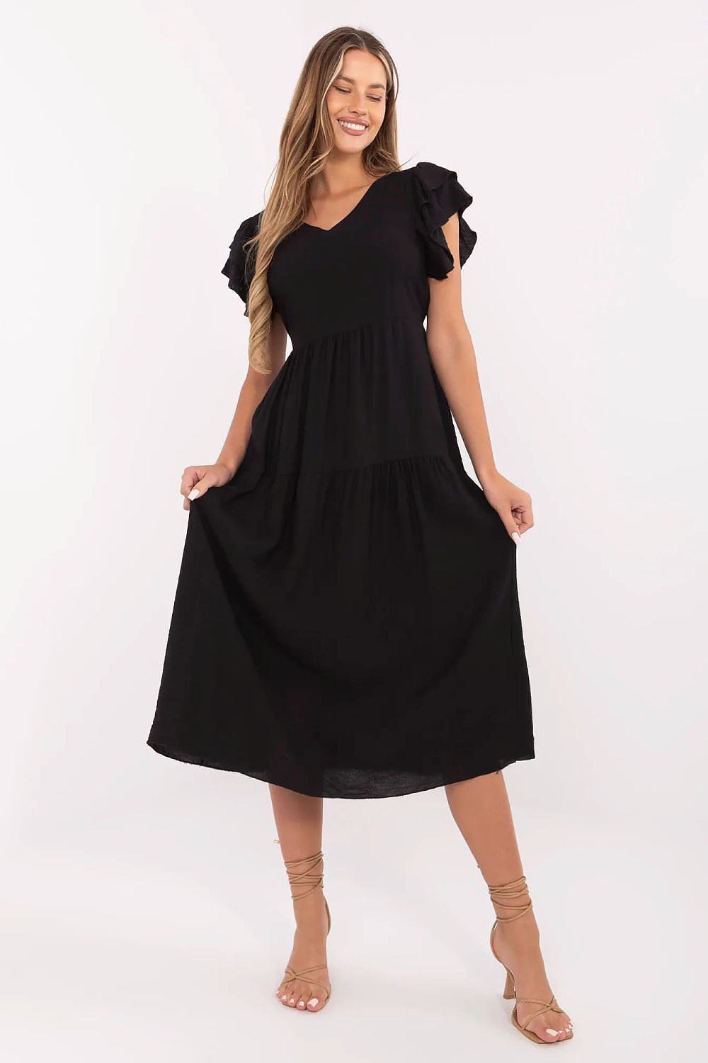 Summer Midi Dress Flared Cut Flutter Sleeves V-Neck Back Buttons Waist Tie