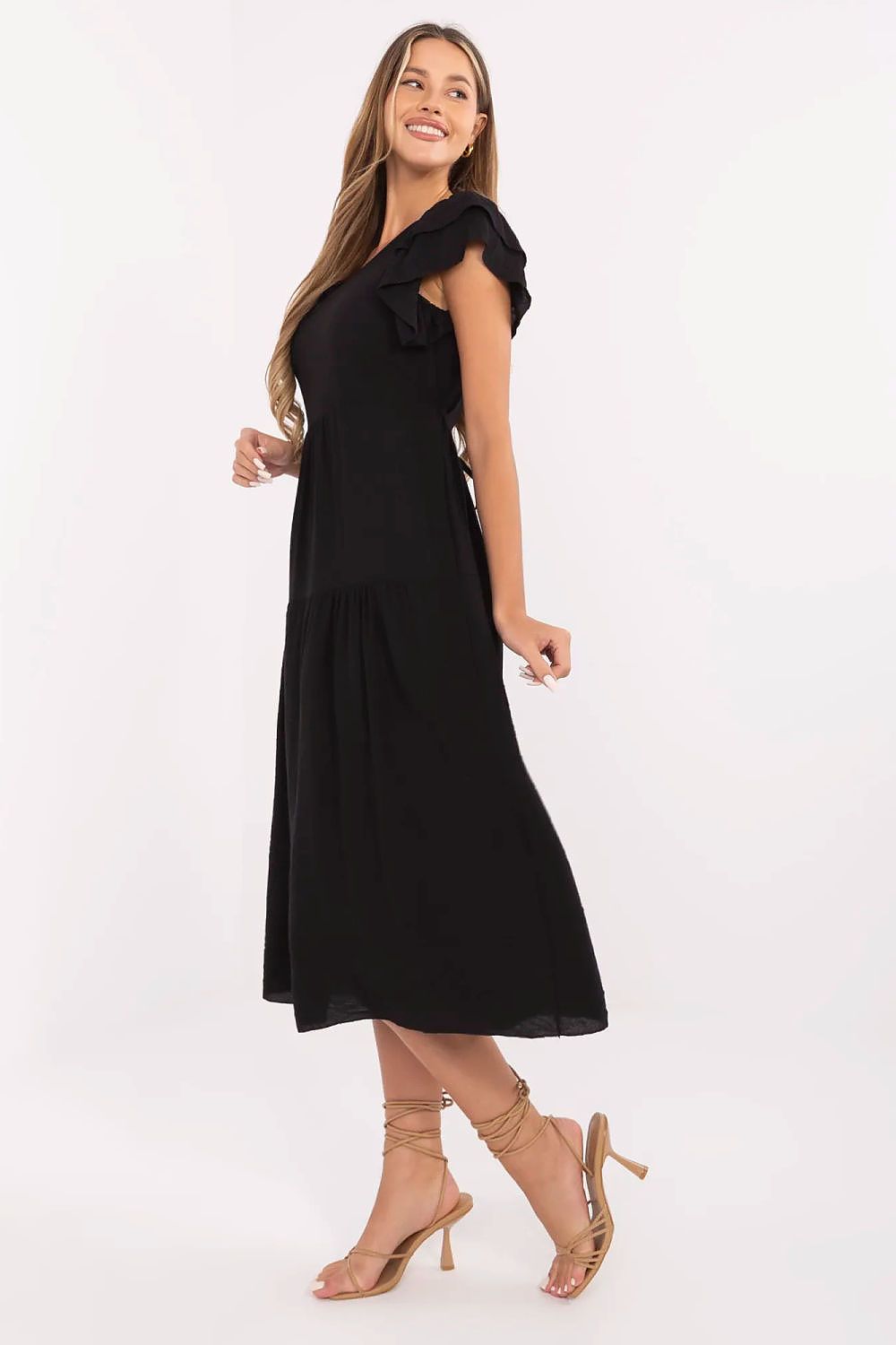 Summer Midi Dress Flared Cut Flutter Sleeves V-Neck Back Buttons Waist Tie