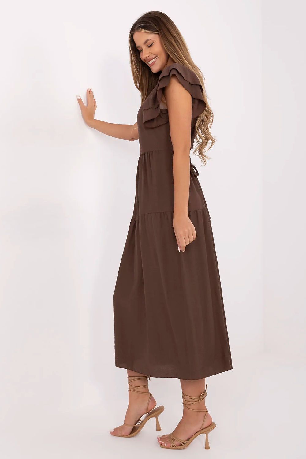 Summer Midi Dress Flared Cut Flutter Sleeves V-Neck Back Buttons Waist Tie