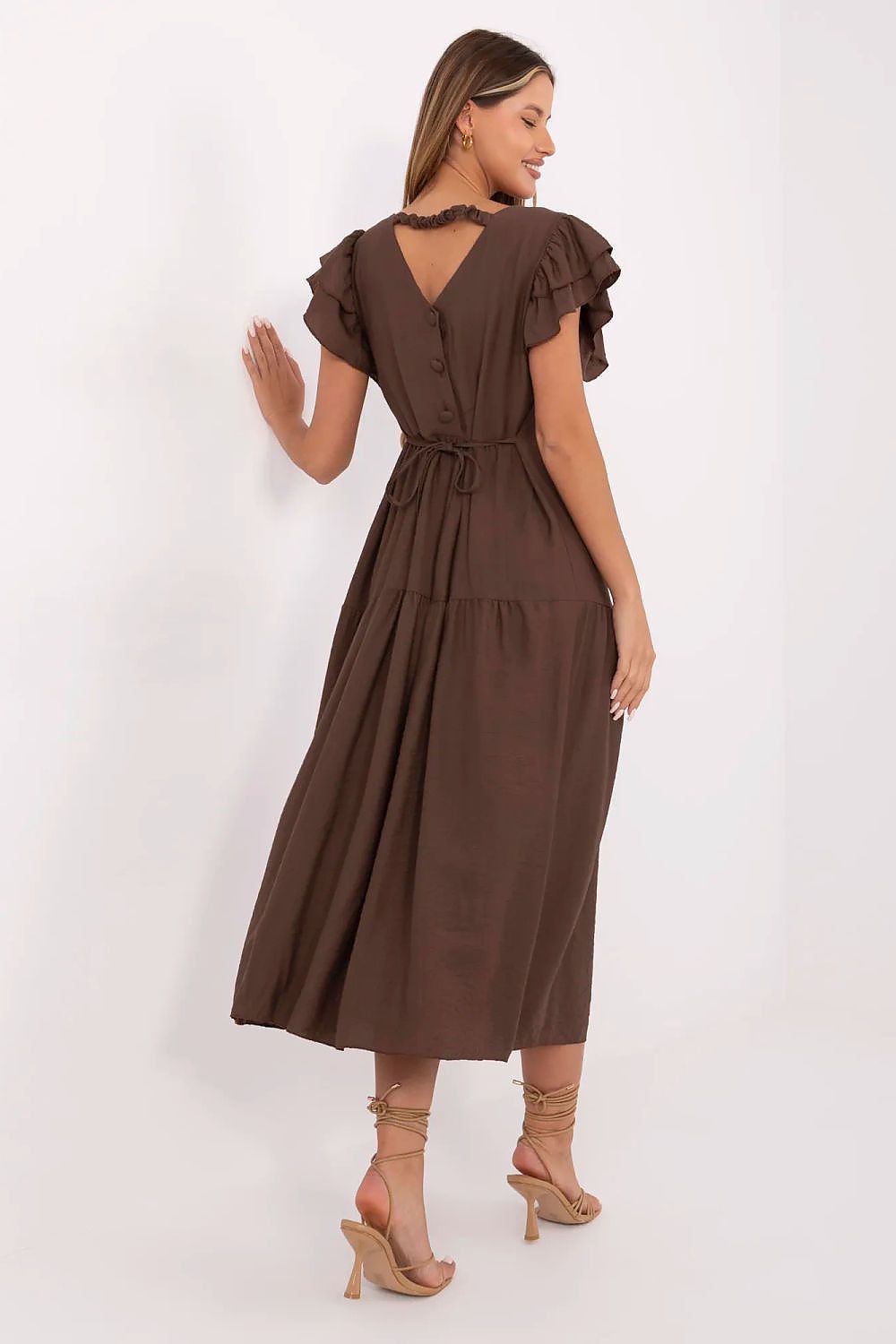 Summer Midi Dress Flared Cut Flutter Sleeves V-Neck Back Buttons Waist Tie
