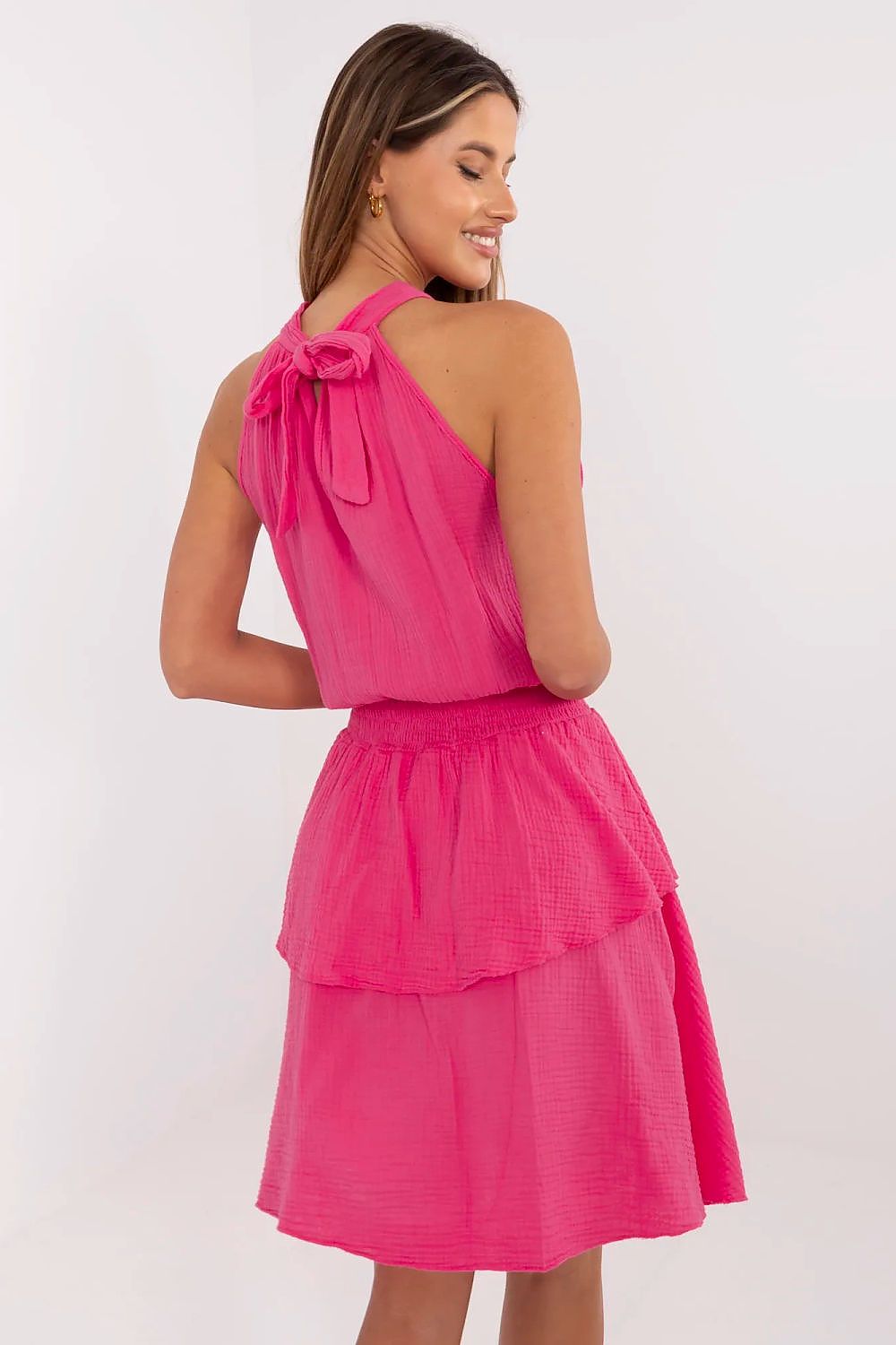 Cotton Muslin Summer Dress Flared Cut Sleeveless Waist Ruching Back Tie