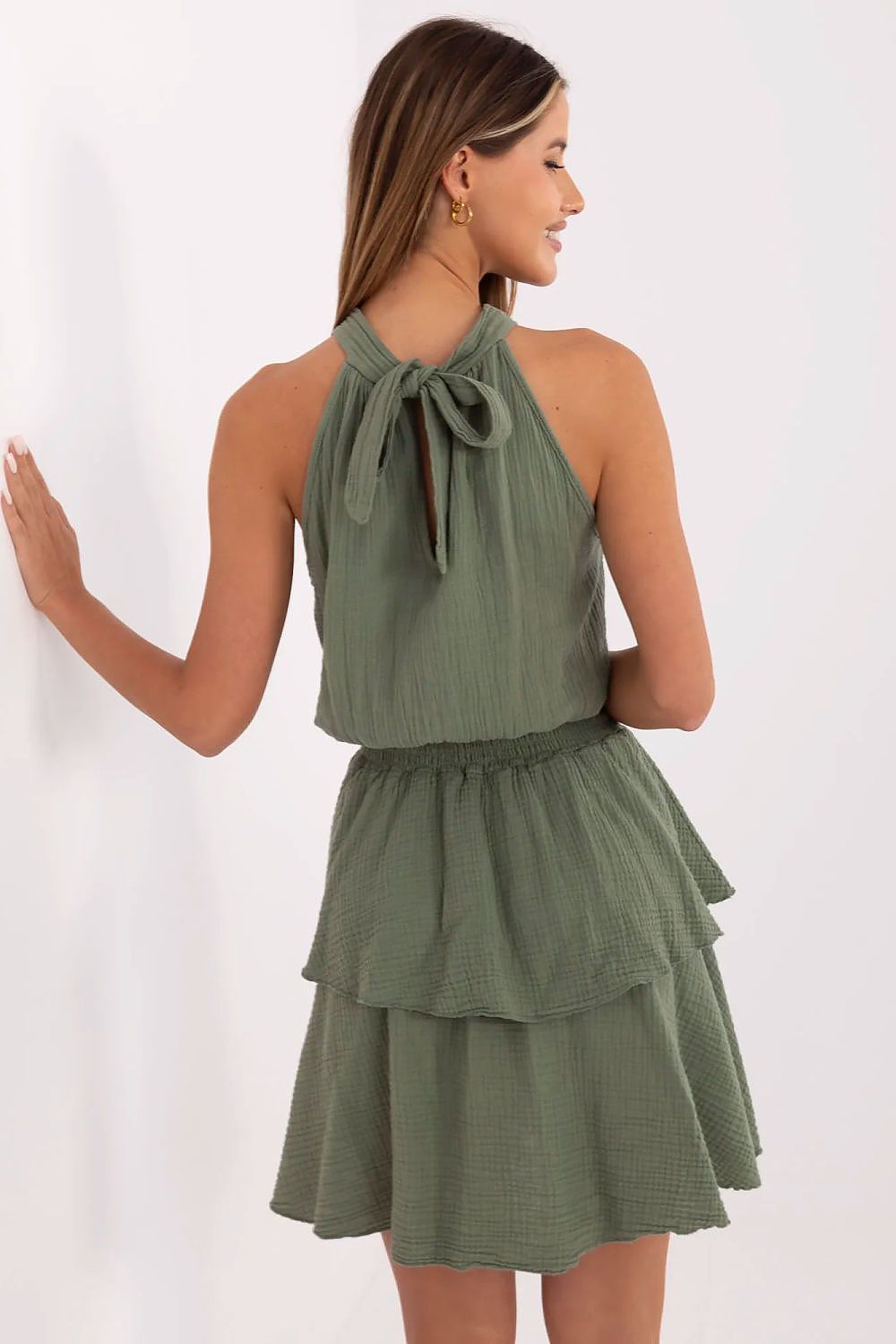 Cotton Muslin Summer Dress Flared Cut Sleeveless Waist Ruching Back Tie