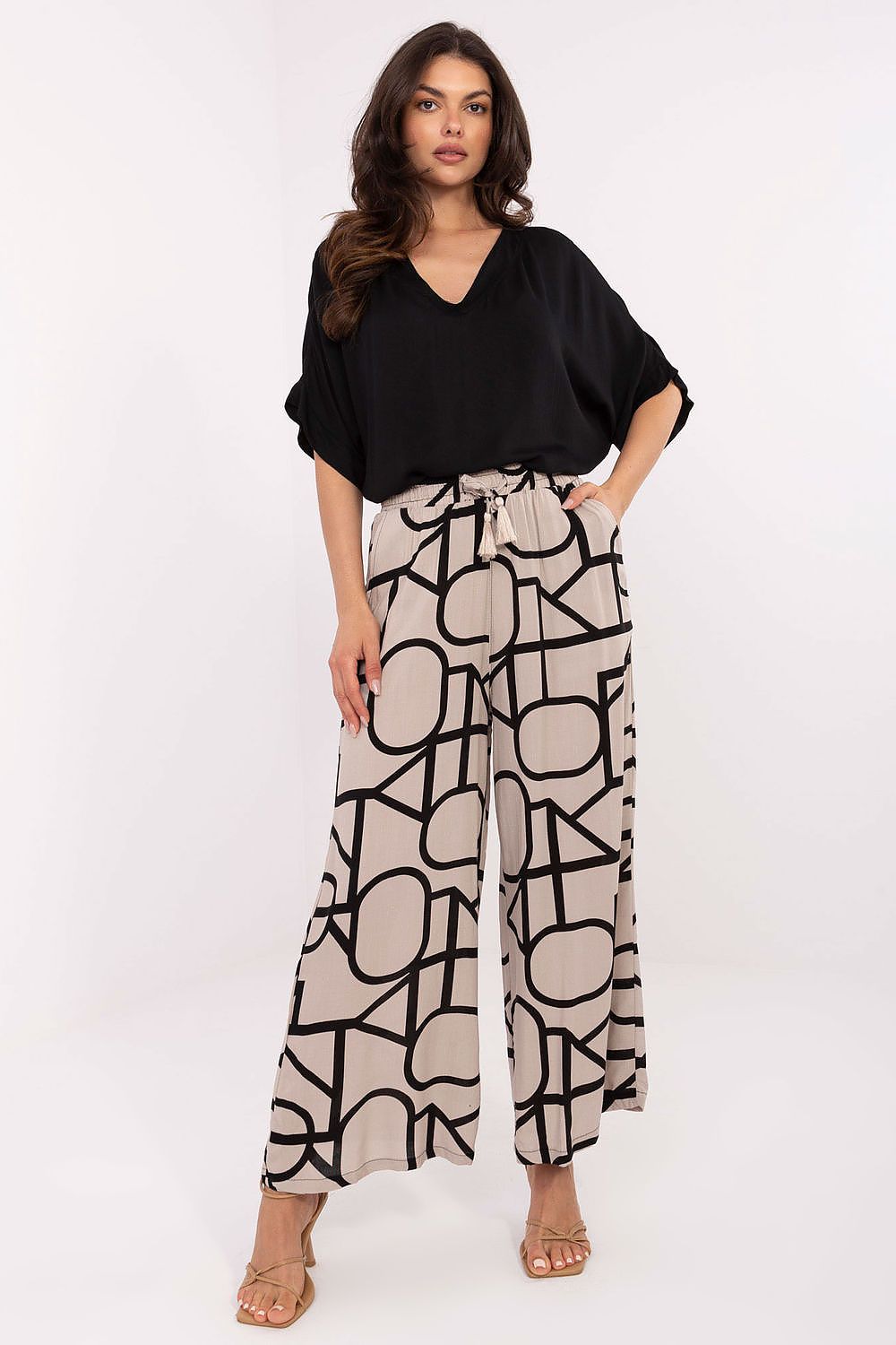 Women's Viscose High Waist Wide Leg Trousers - Printed Casual Pants