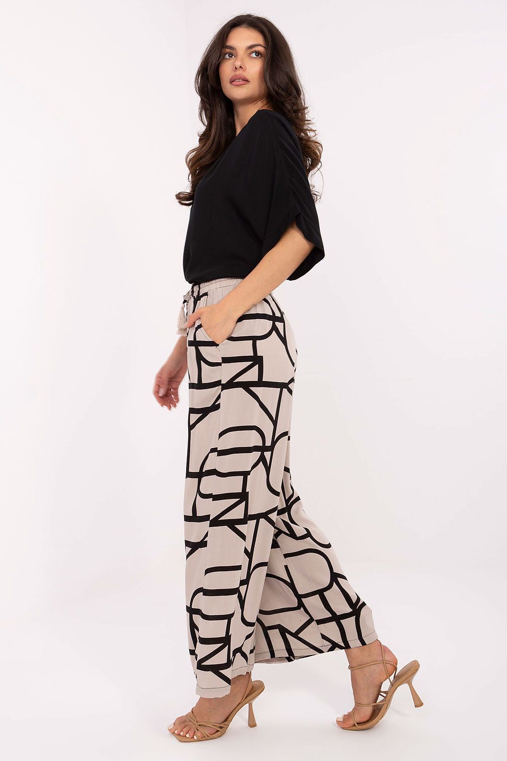 Women's Viscose High Waist Wide Leg Trousers - Printed Casual Pants