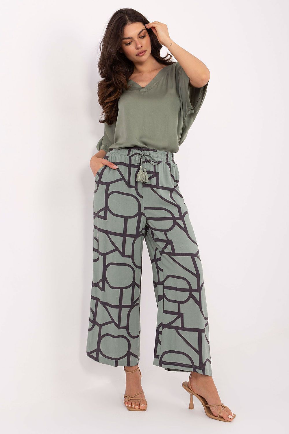 Women's Viscose High Waist Wide Leg Trousers - Printed Casual Pants