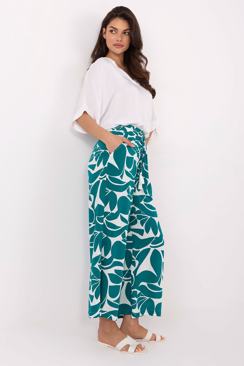 Women's Viscose High Waist Wide Leg Trousers - Printed Casual Pants