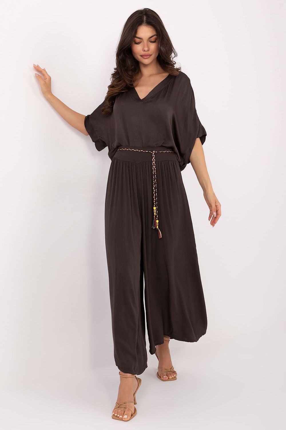 Women's High Waist Wide Leg Viscose Trousers - Elastic Waist with Tie Belt