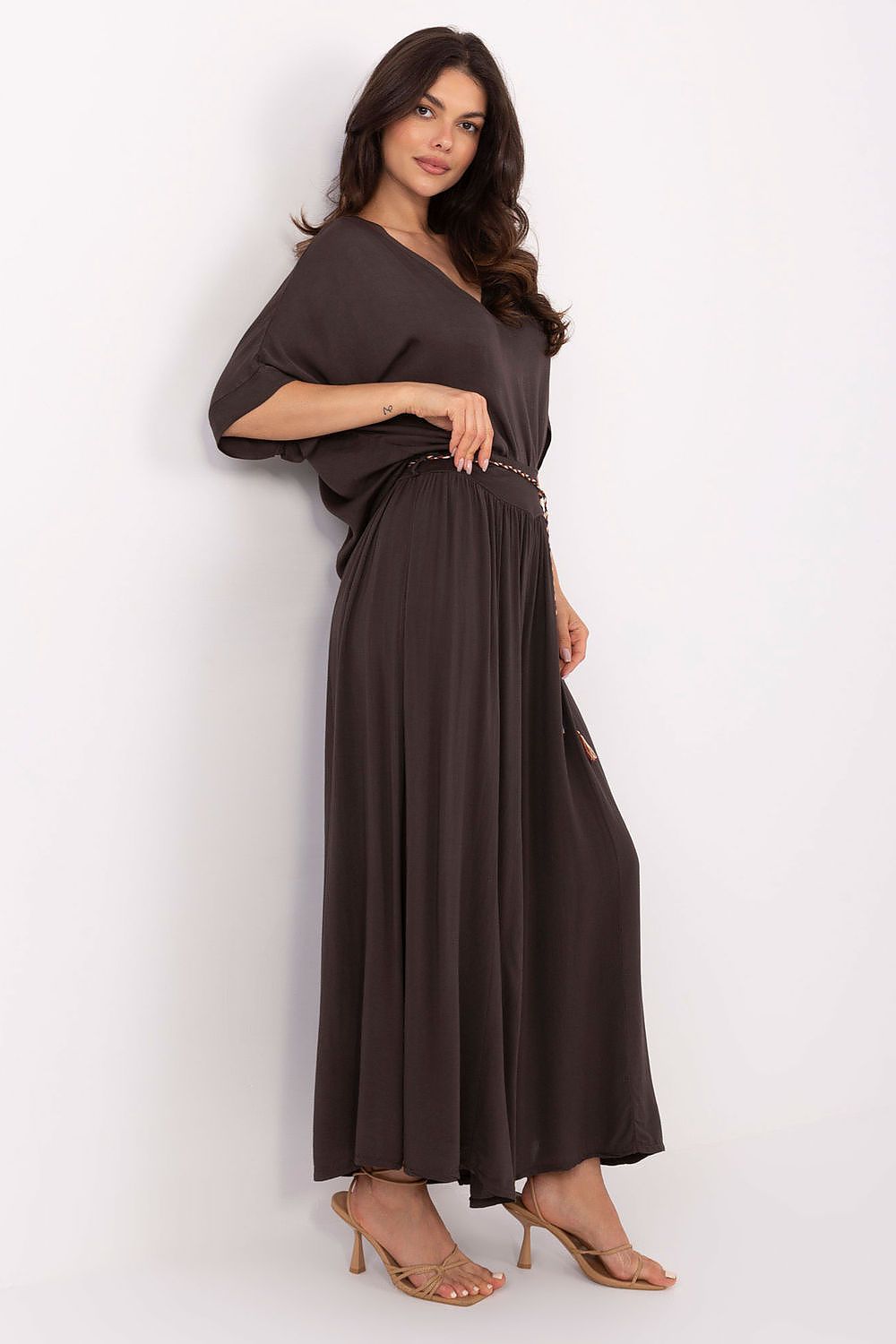 Women's High Waist Wide Leg Viscose Trousers - Elastic Waist with Tie Belt