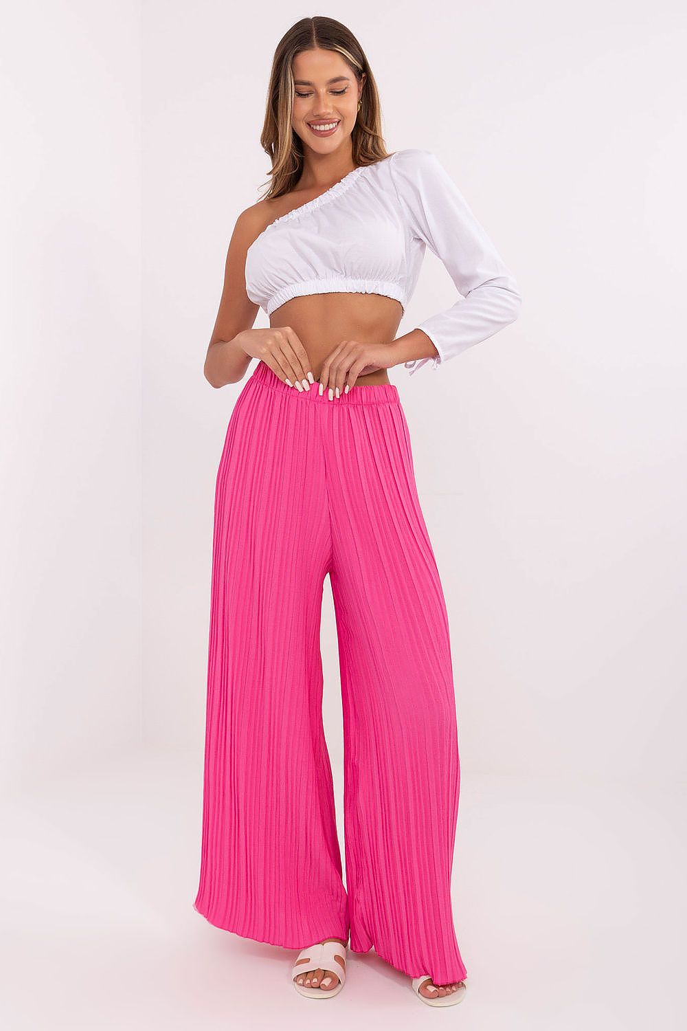 Women's High Waist Wide Leg Polyester Trousers - Structured Fabric Pants