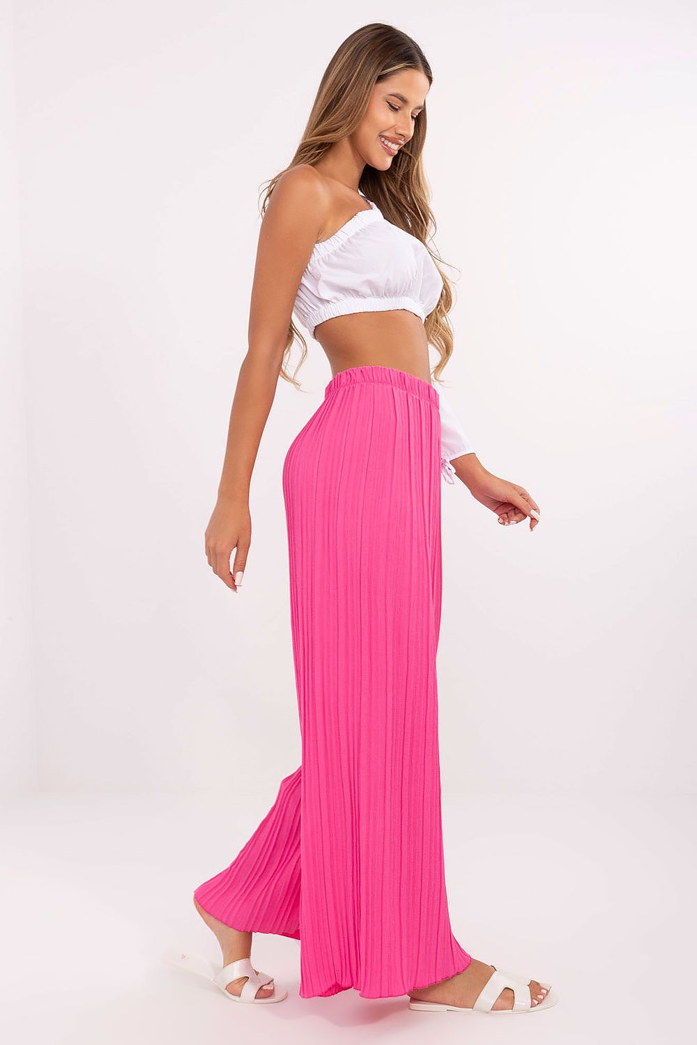 Women's High Waist Wide Leg Polyester Trousers - Structured Fabric Pants
