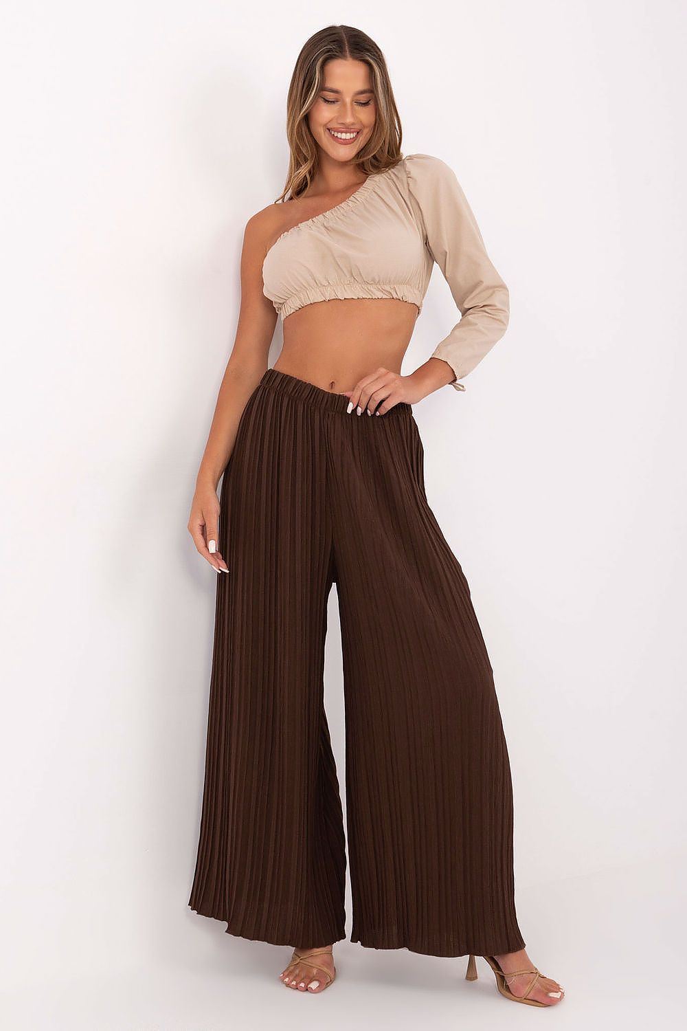Women's High Waist Wide Leg Polyester Trousers - Structured Fabric Pants