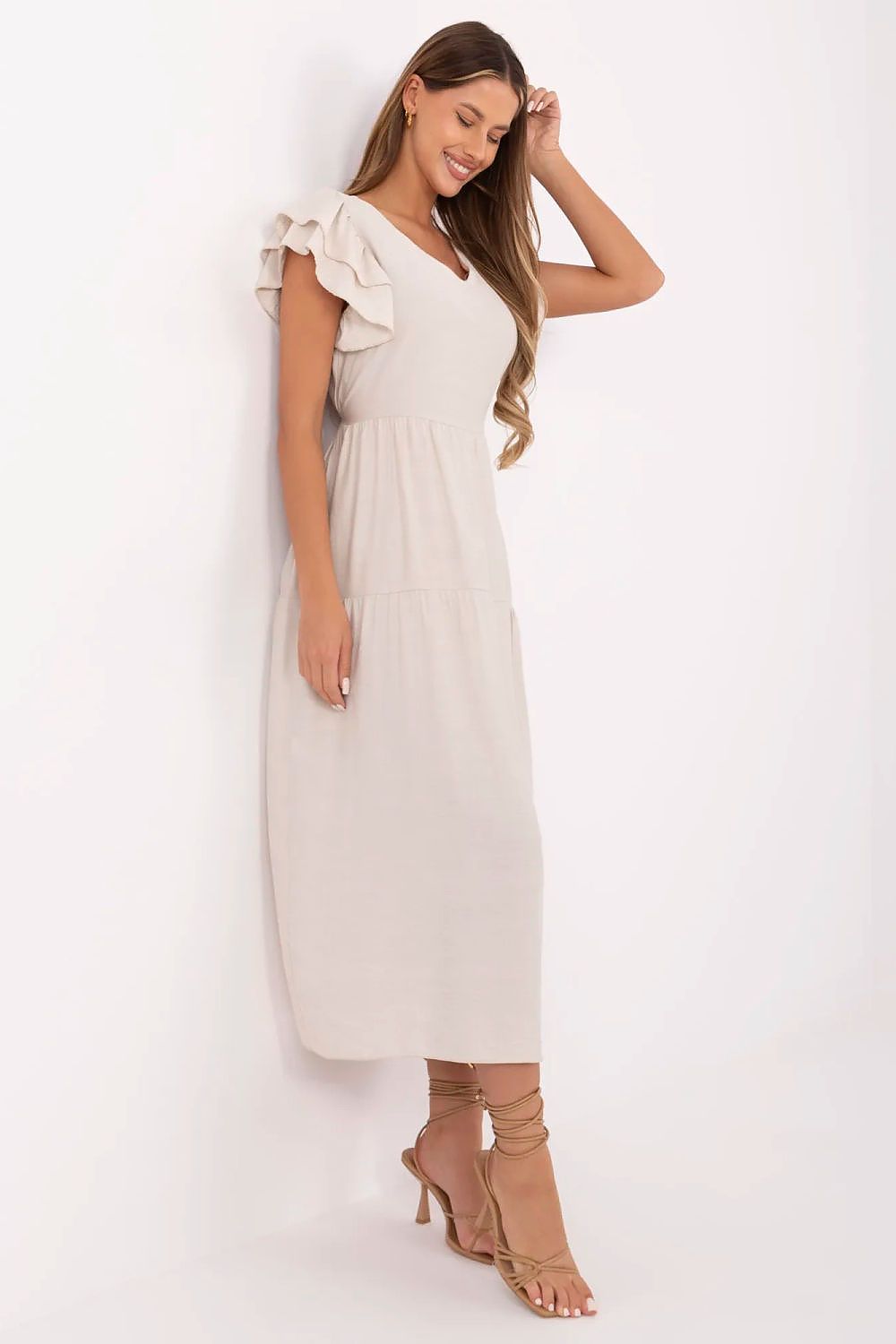 Summer Midi Dress Flared Cut Flutter Sleeves V-Neck Back Buttons Waist Tie