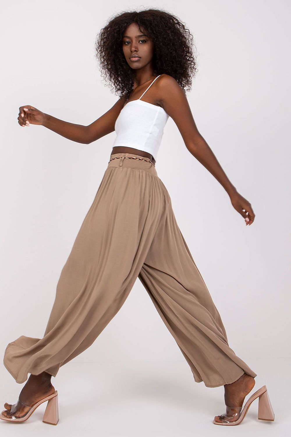 Women's High Waist Wide Leg Viscose Trousers - Elastic Waist with Tie Belt