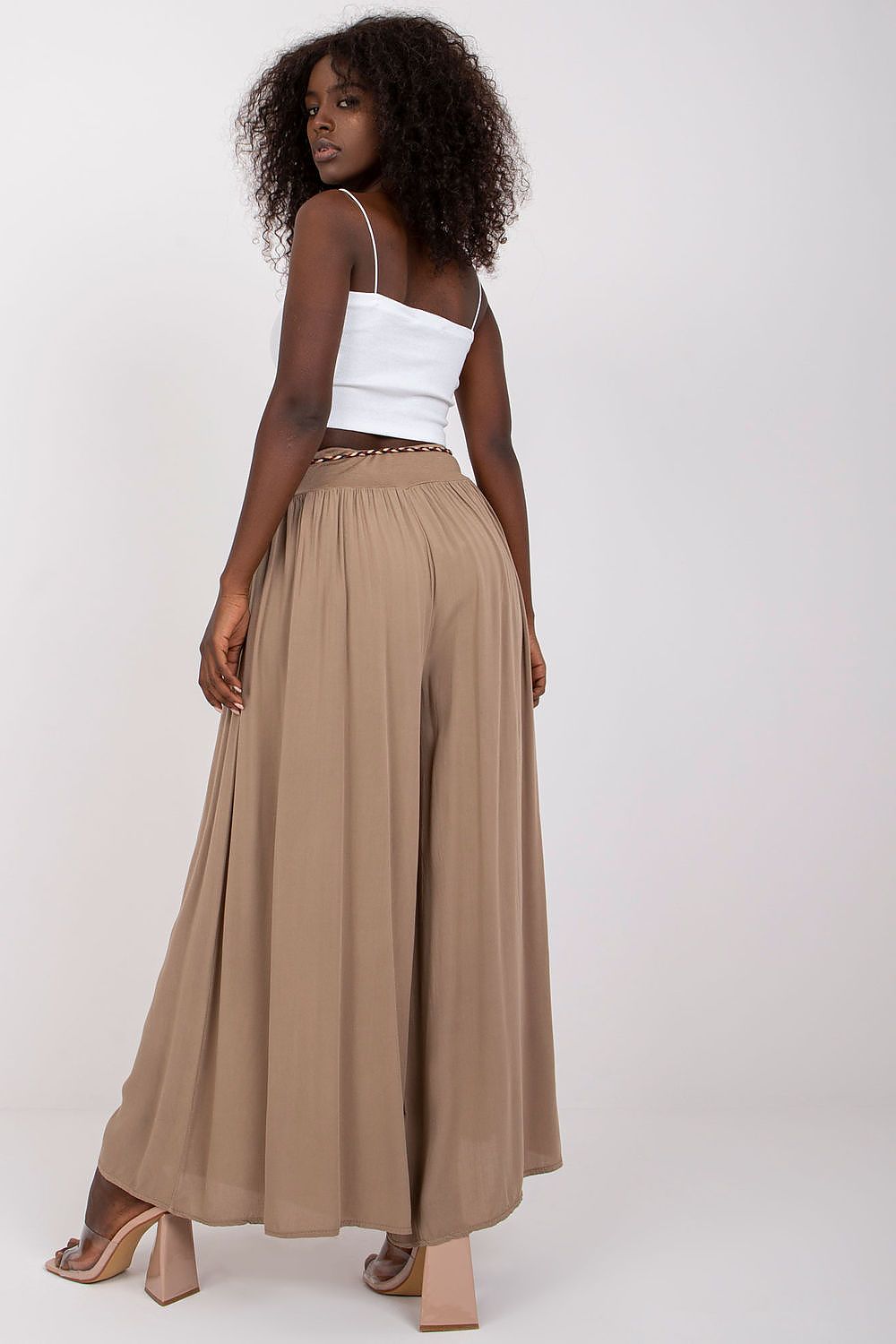 Women's High Waist Wide Leg Viscose Trousers - Elastic Waist with Tie Belt