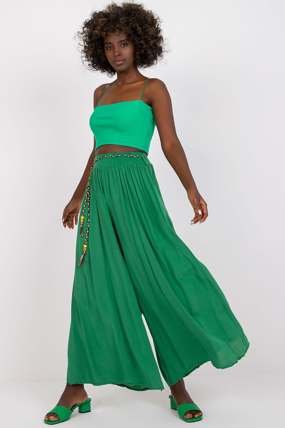 Women's High Waist Wide Leg Viscose Trousers - Elastic Waist with Tie Belt