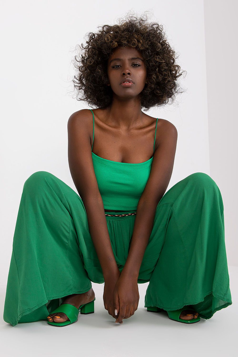 Women's High Waist Wide Leg Viscose Trousers - Elastic Waist with Tie Belt
