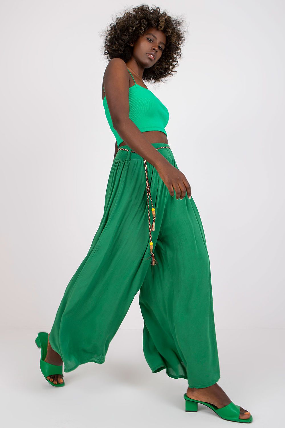 Women's High Waist Wide Leg Viscose Trousers - Elastic Waist with Tie Belt