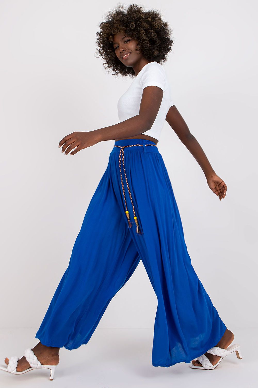 Women's High Waist Wide Leg Viscose Trousers - Elastic Waist with Tie Belt