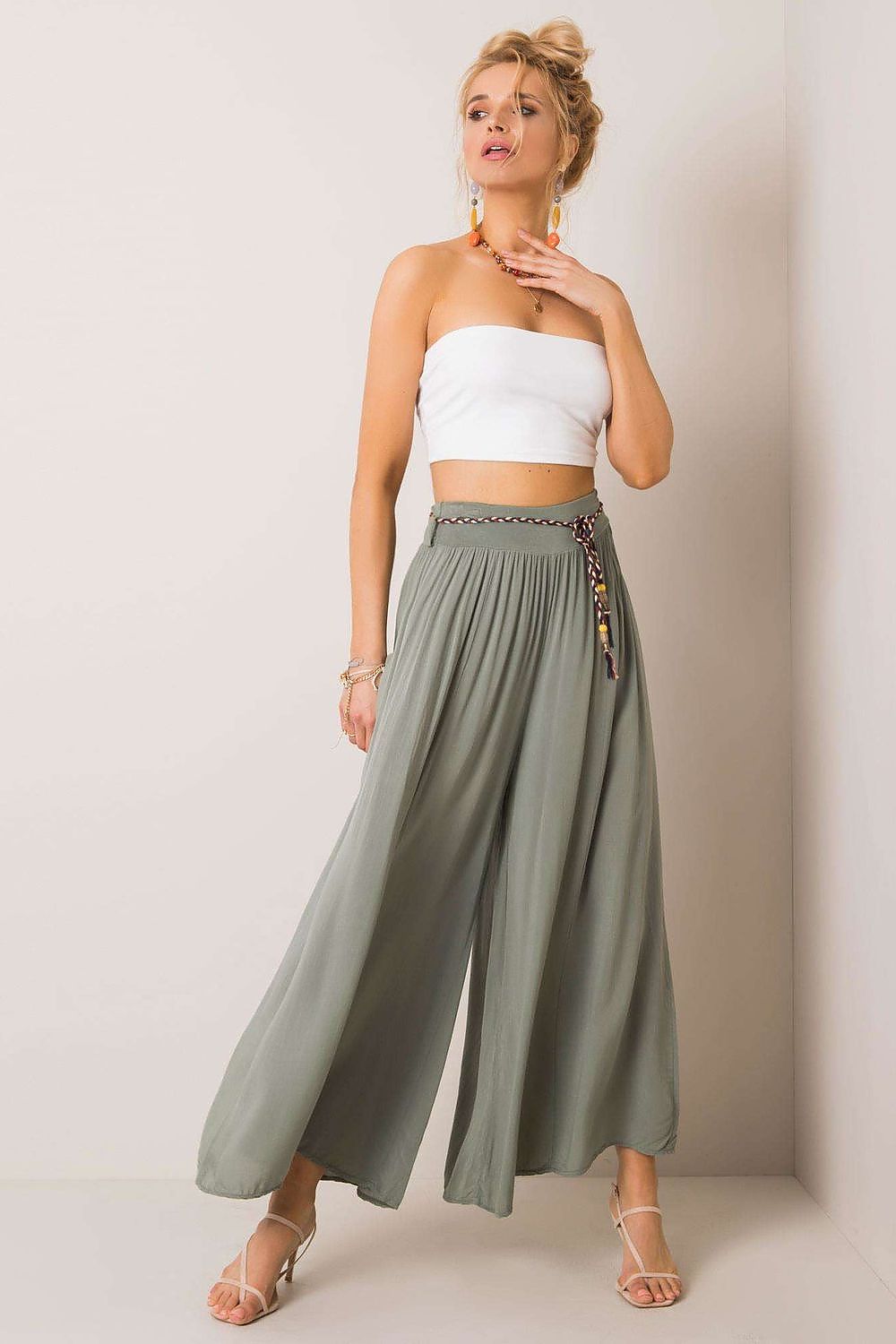 Women's High Waist Wide Leg Viscose Trousers - Elastic Waist with Tie Belt