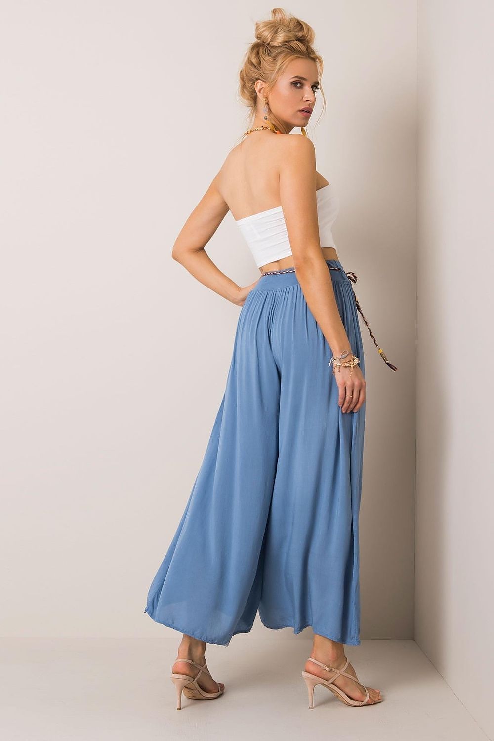 Women's High Waist Wide Leg Viscose Trousers - Elastic Waist with Tie Belt