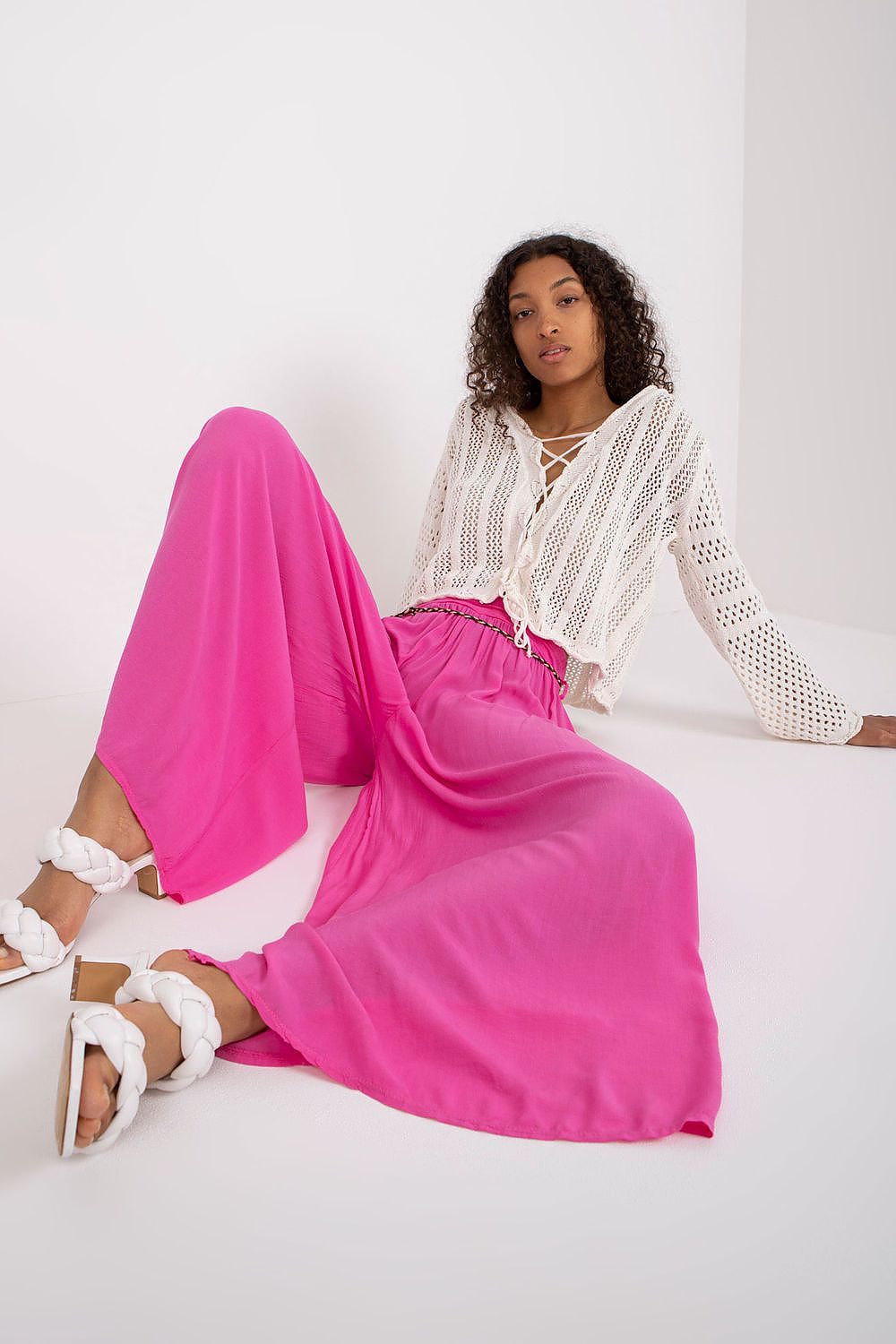 Women's High Waist Wide Leg Viscose Trousers - Elastic Waist with Tie Belt