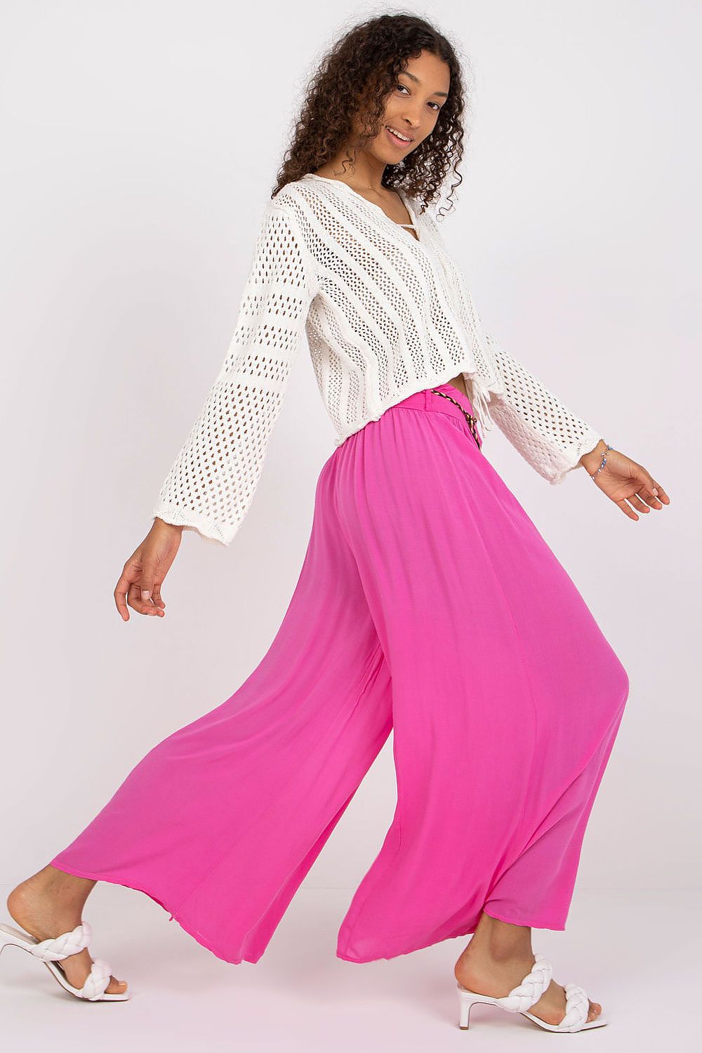 Women's High Waist Wide Leg Viscose Trousers - Elastic Waist with Tie Belt