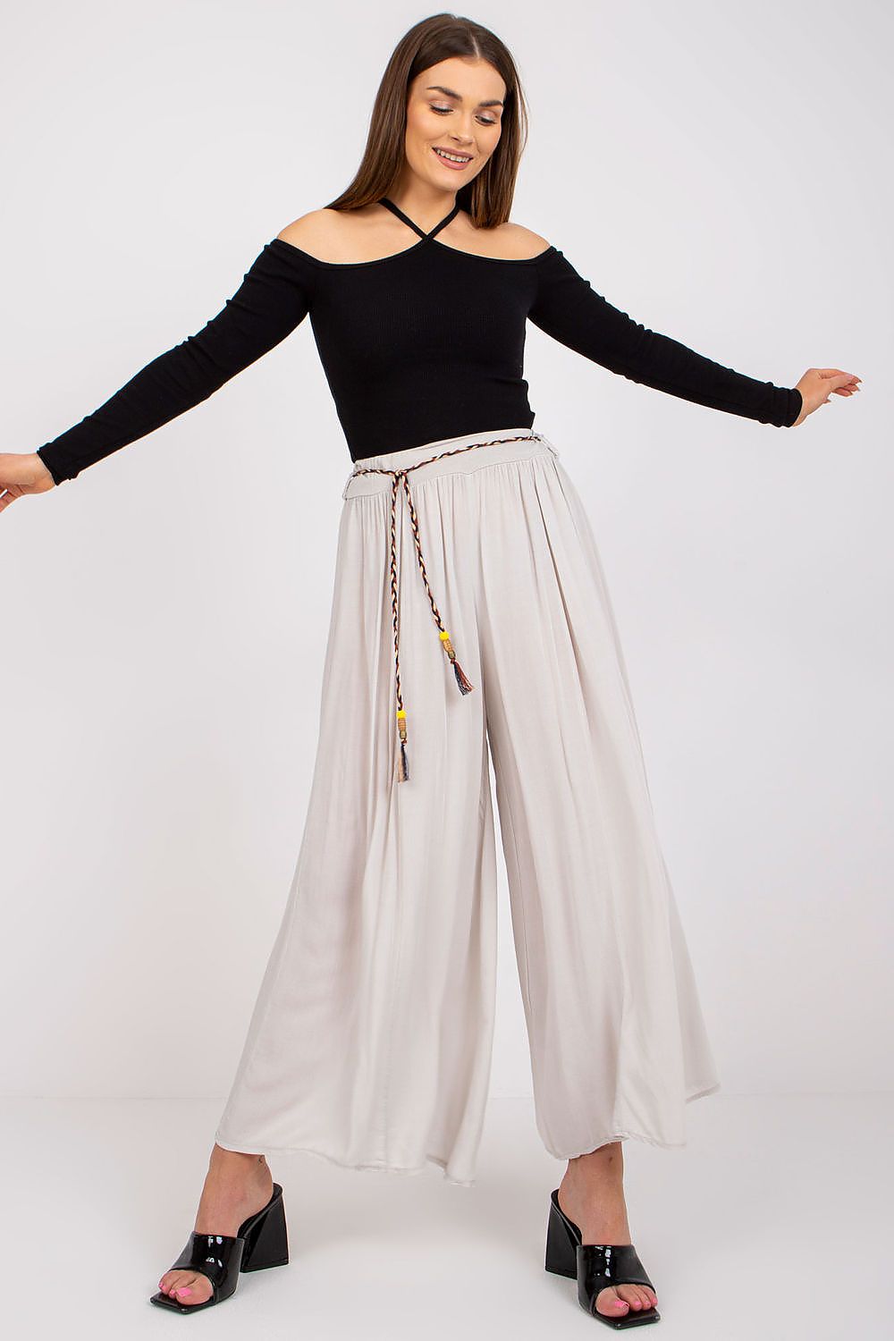 Women's High Waist Wide Leg Viscose Trousers - Elastic Waist with Tie Belt