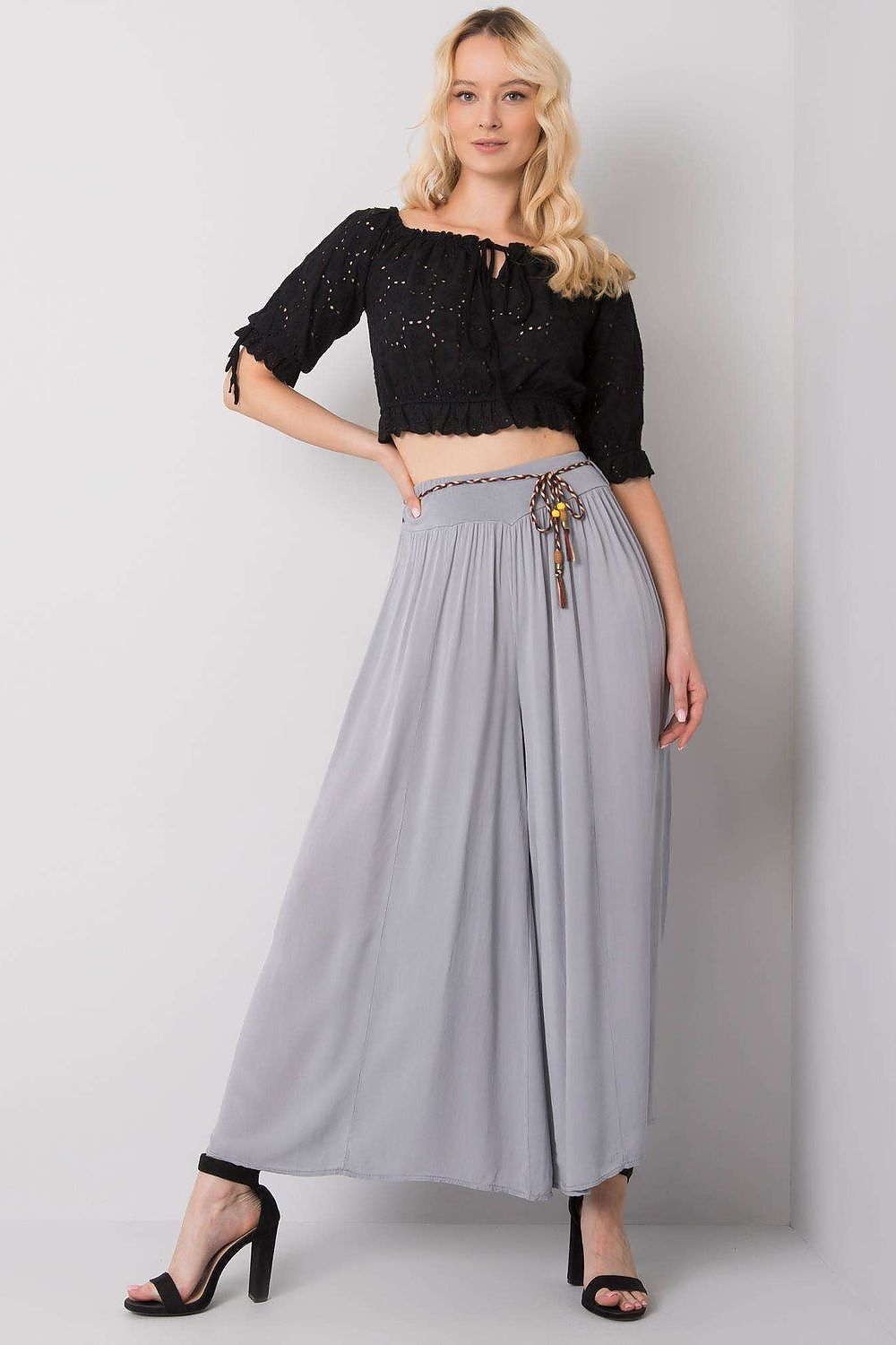 Women's High Waist Wide Leg Viscose Trousers - Elastic Waist with Tie Belt