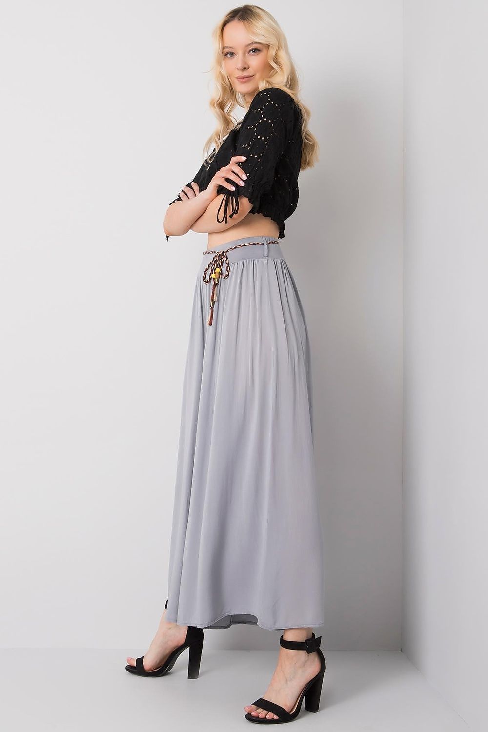 Women's High Waist Wide Leg Viscose Trousers - Elastic Waist with Tie Belt