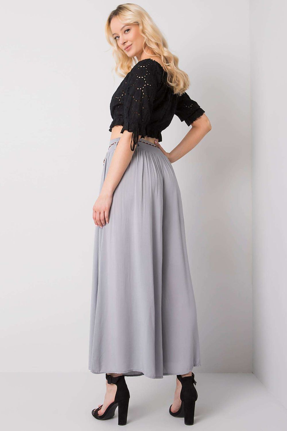 Women's High Waist Wide Leg Viscose Trousers - Elastic Waist with Tie Belt