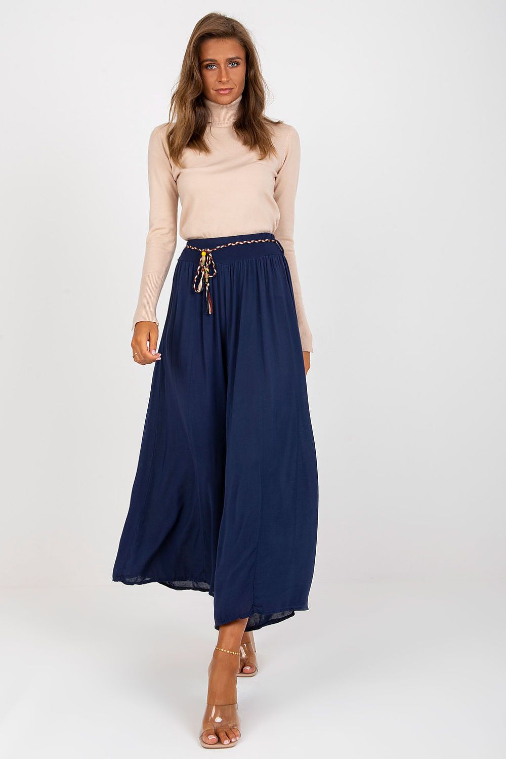 Women's High Waist Wide Leg Viscose Trousers - Elastic Waist with Tie Belt