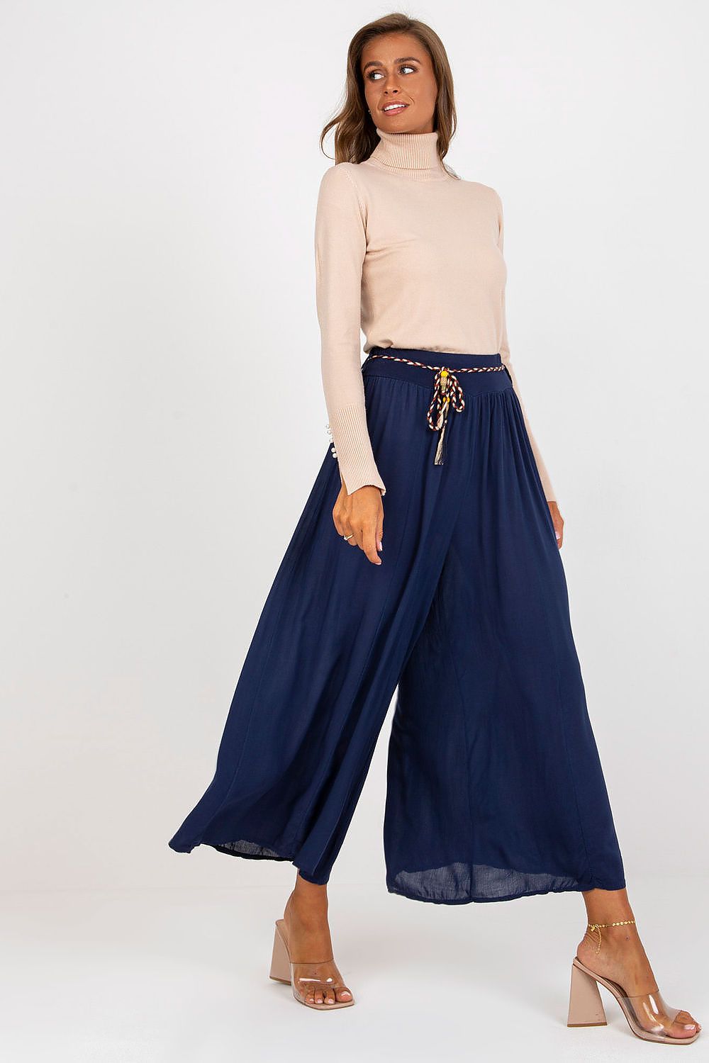 Women's High Waist Wide Leg Viscose Trousers - Elastic Waist with Tie Belt