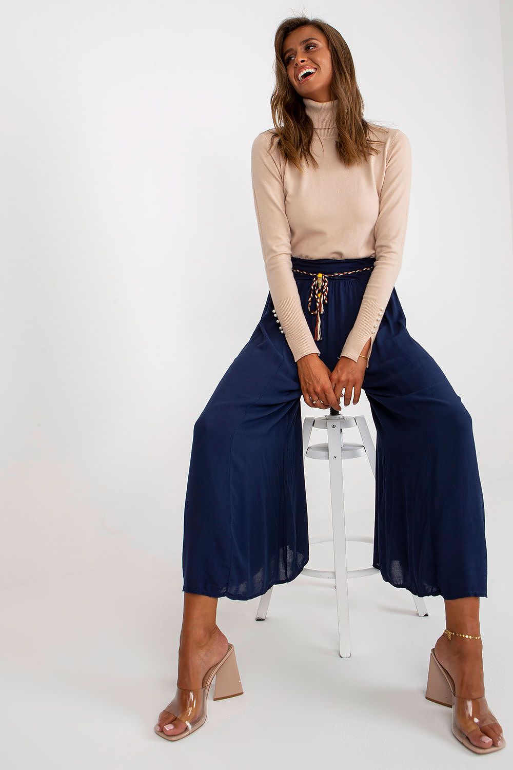 Women's High Waist Wide Leg Viscose Trousers - Elastic Waist with Tie Belt