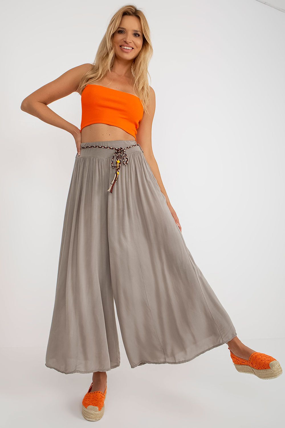 Women's High Waist Wide Leg Viscose Trousers - Elastic Waist with Tie Belt